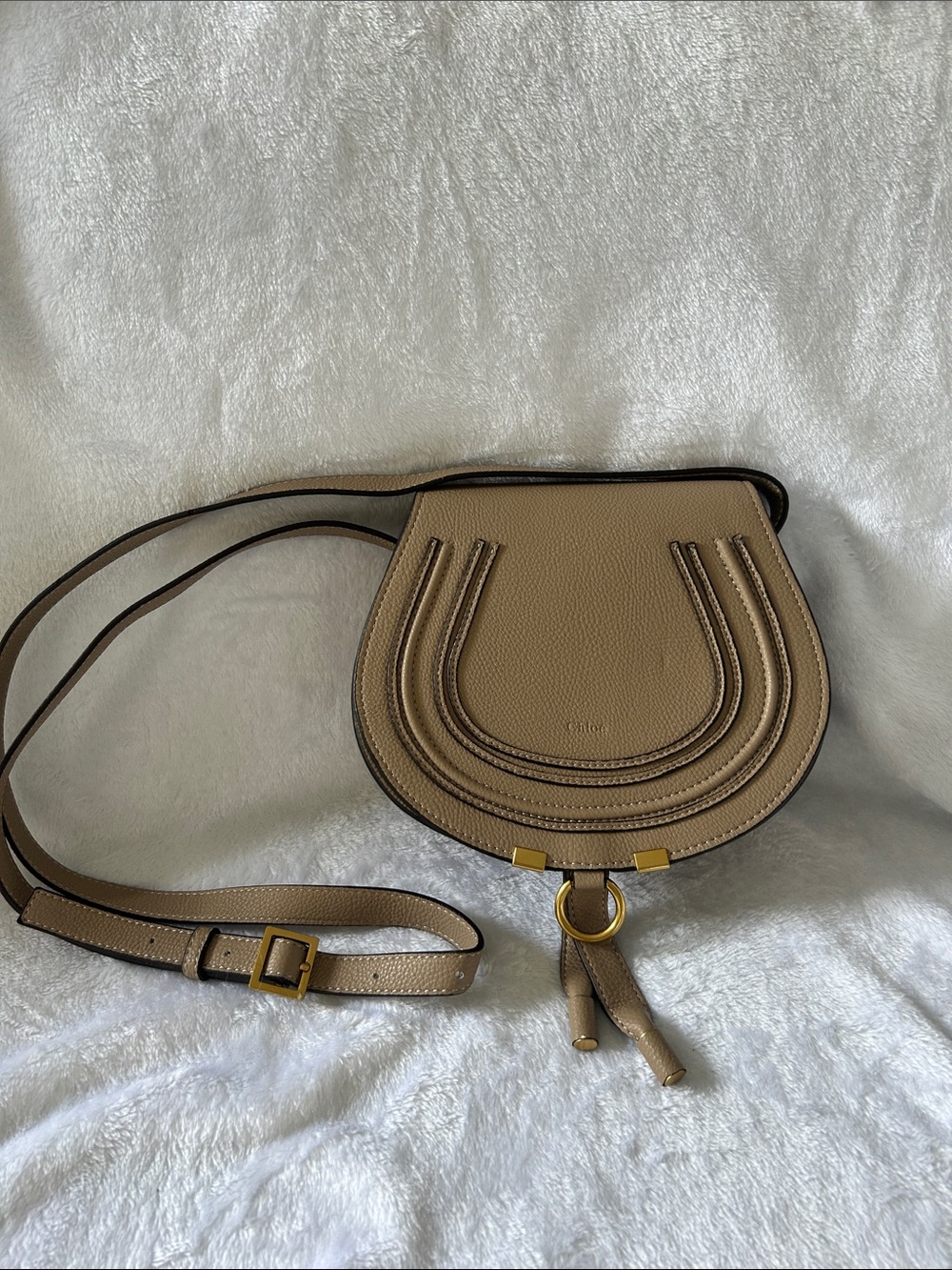 Chloe Pebbled Taupe Crescent Crossbody with Gold Accents